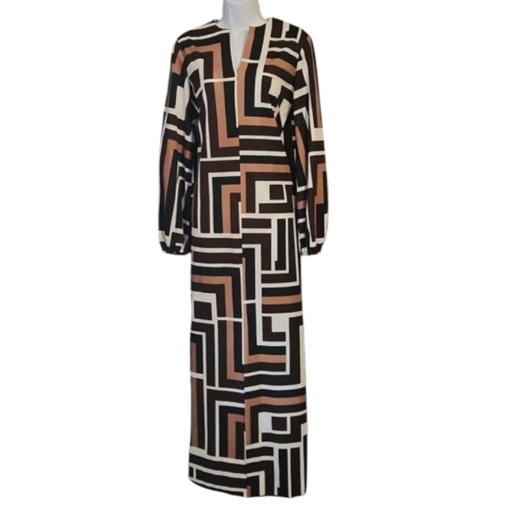 Paul Stanley Long Sleeve Dress with Geometric Pattern in Brown, Black, and White